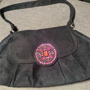 Victoria’s Secret black suede handbag/purse with pink rhinestone embellishments.